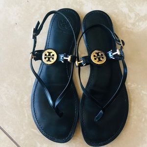 TORY BURCH Black Leather Sandals with Gold Logo